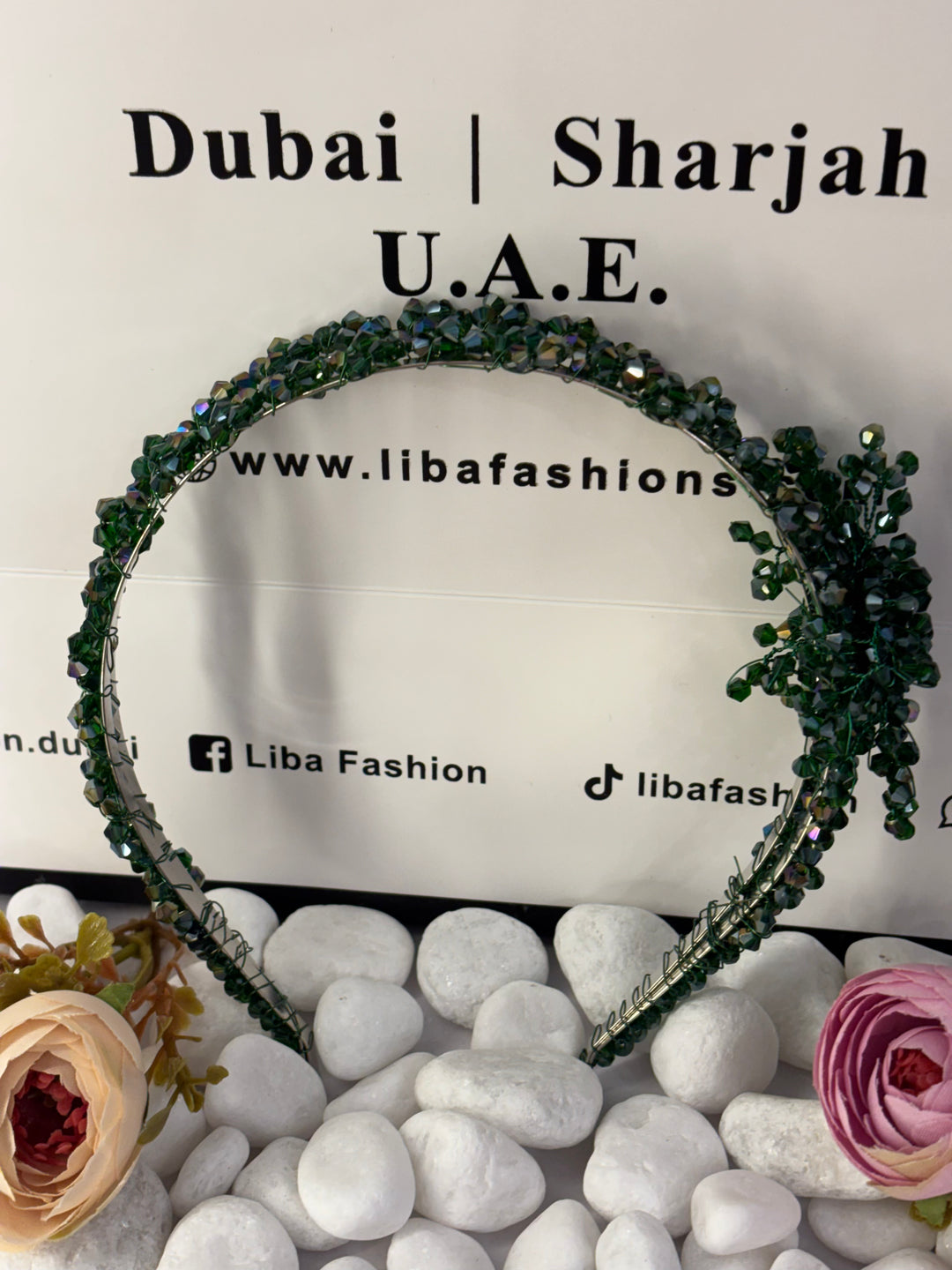 Luxury Double Row with Flower Green Crystal Headband