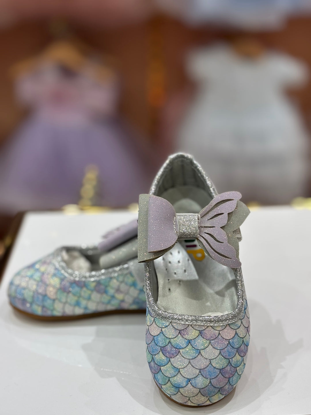 Girls Blue Mermaid Scale Glitter Party Wear Bellies Shoes with Bow
