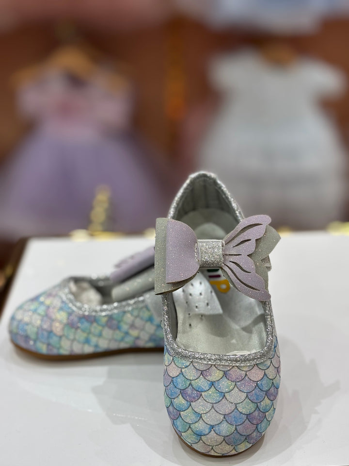 Girls Blue Mermaid Scale Glitter Party Wear Bellies Shoes with Bow