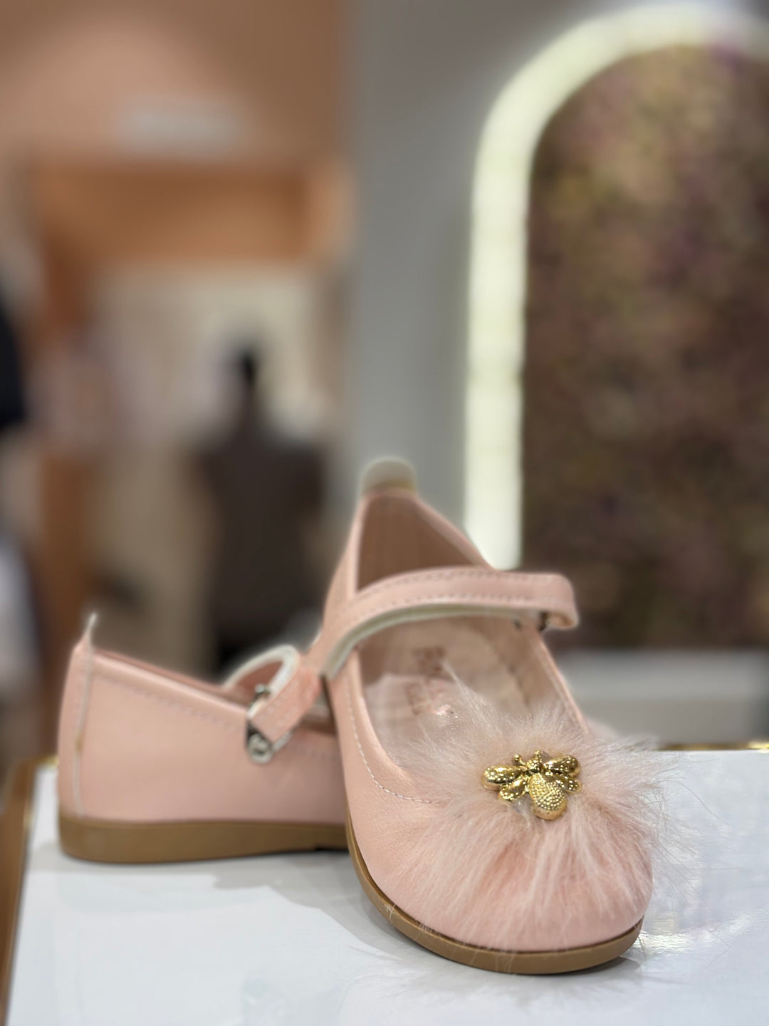 Baby Girls Pink Furry Bee Party Wear Bellies Shoes with Strap