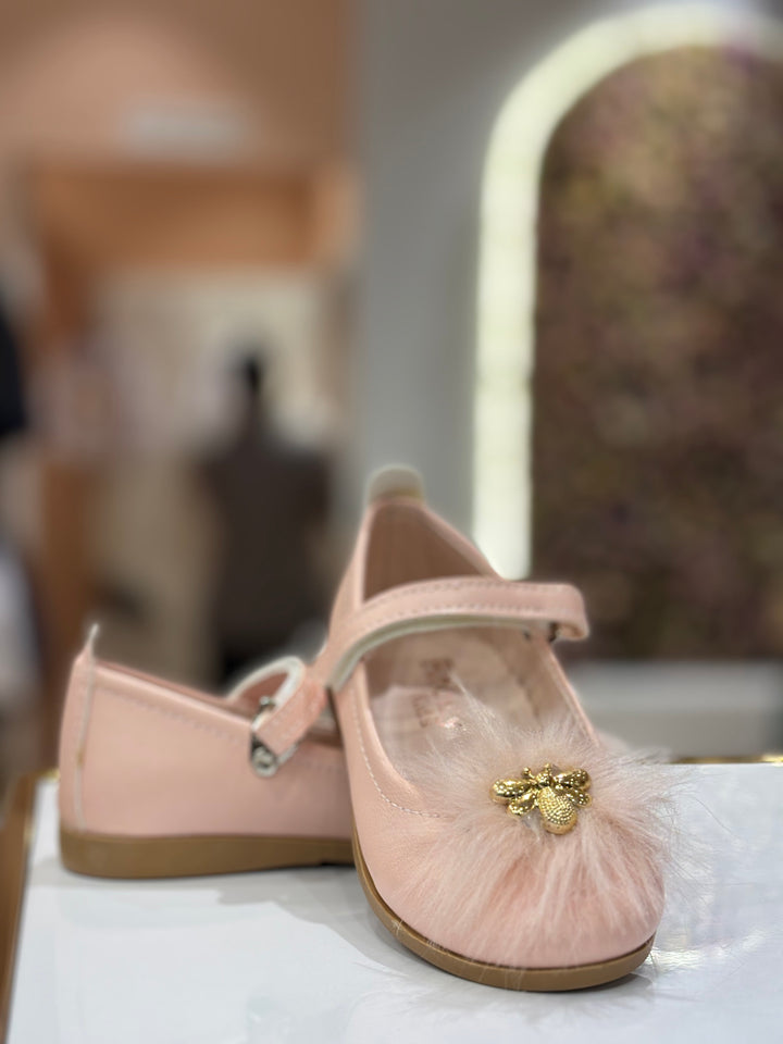 Baby Girls Pink Furry Bee Party Wear Bellies Shoes with Strap