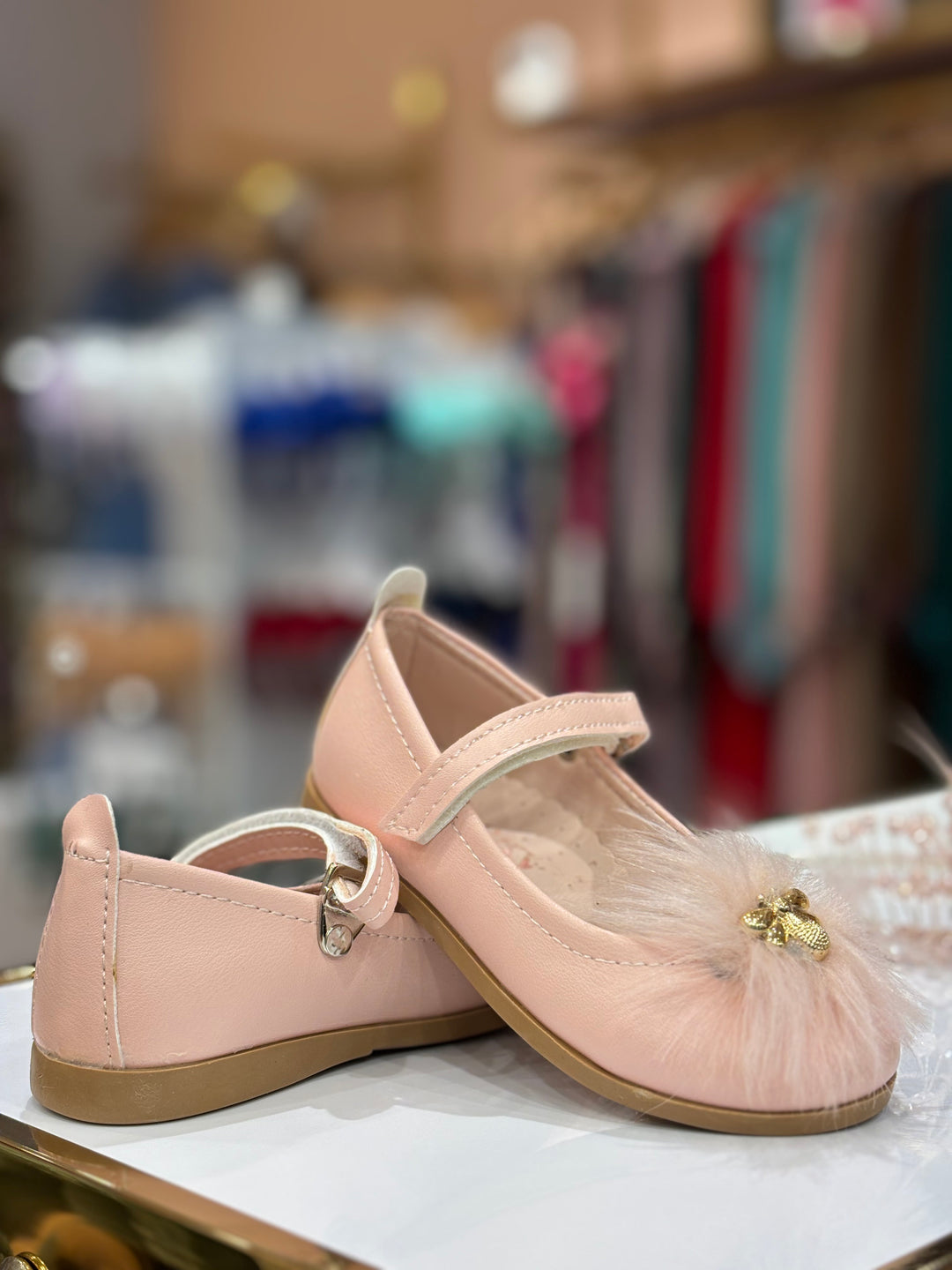 Baby Girls Pink Furry Bee Party Wear Bellies Shoes with Strap