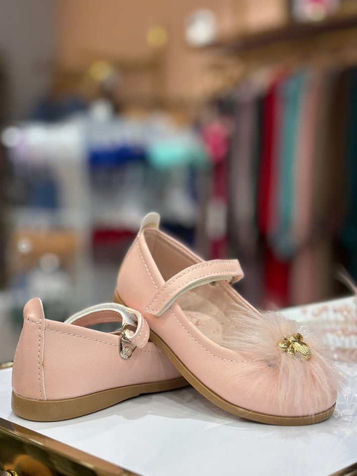 Baby Girls Pink Furry Bee Party Wear Bellies Shoes with Strap