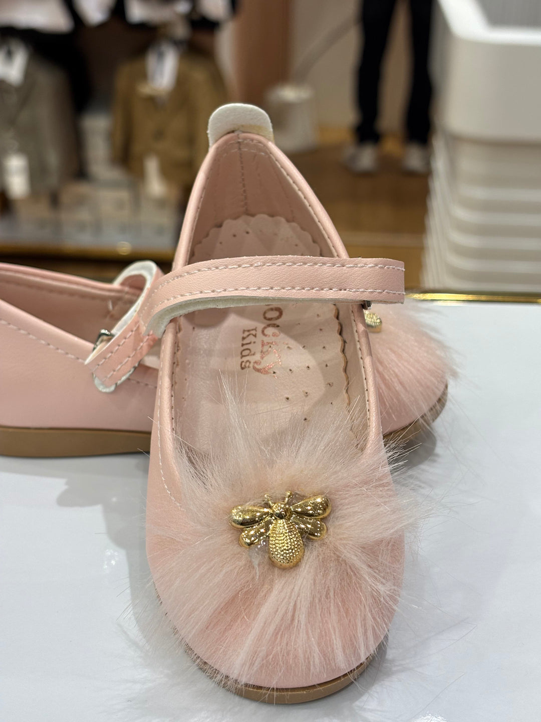Baby Girls Pink Furry Bee Party Wear Bellies Shoes with Strap