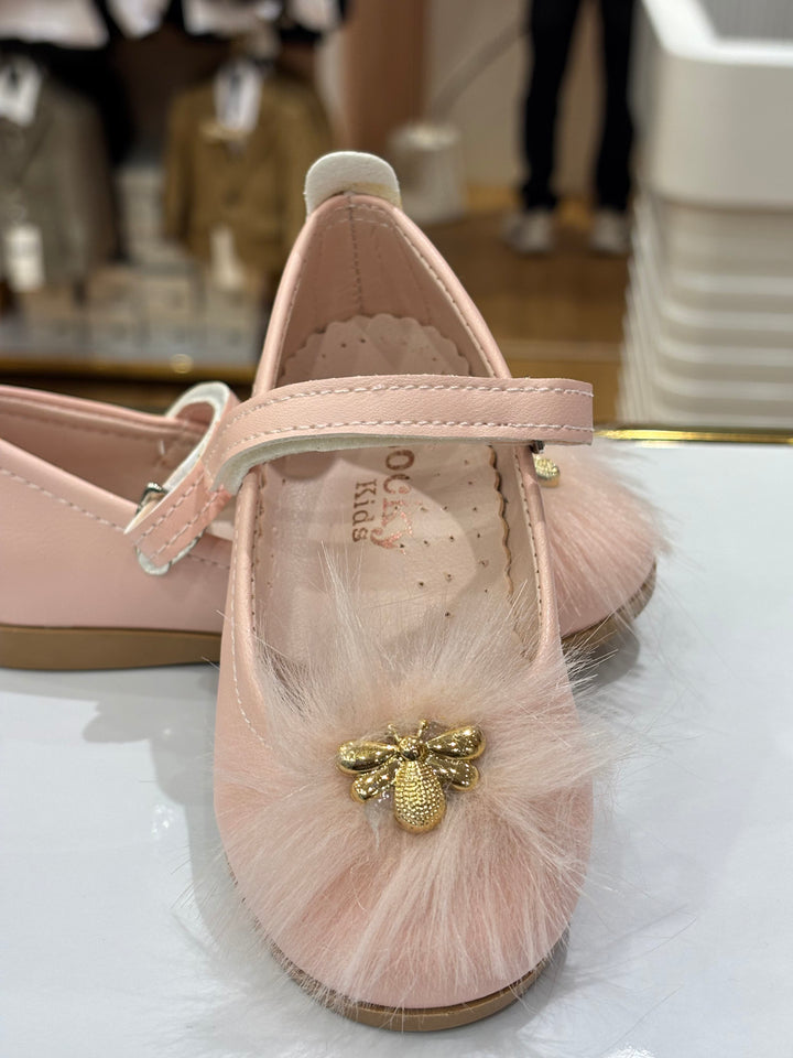 Baby Girls Pink Furry Bee Party Wear Bellies Shoes with Strap