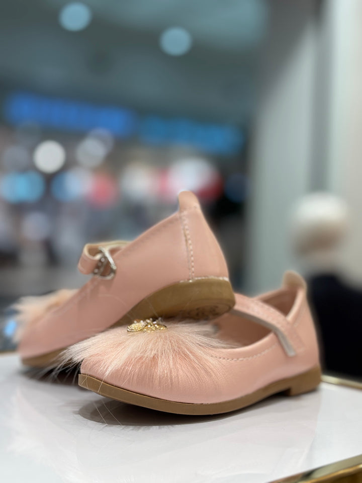 Baby Girls Pink Furry Bee Party Wear Bellies Shoes with Strap