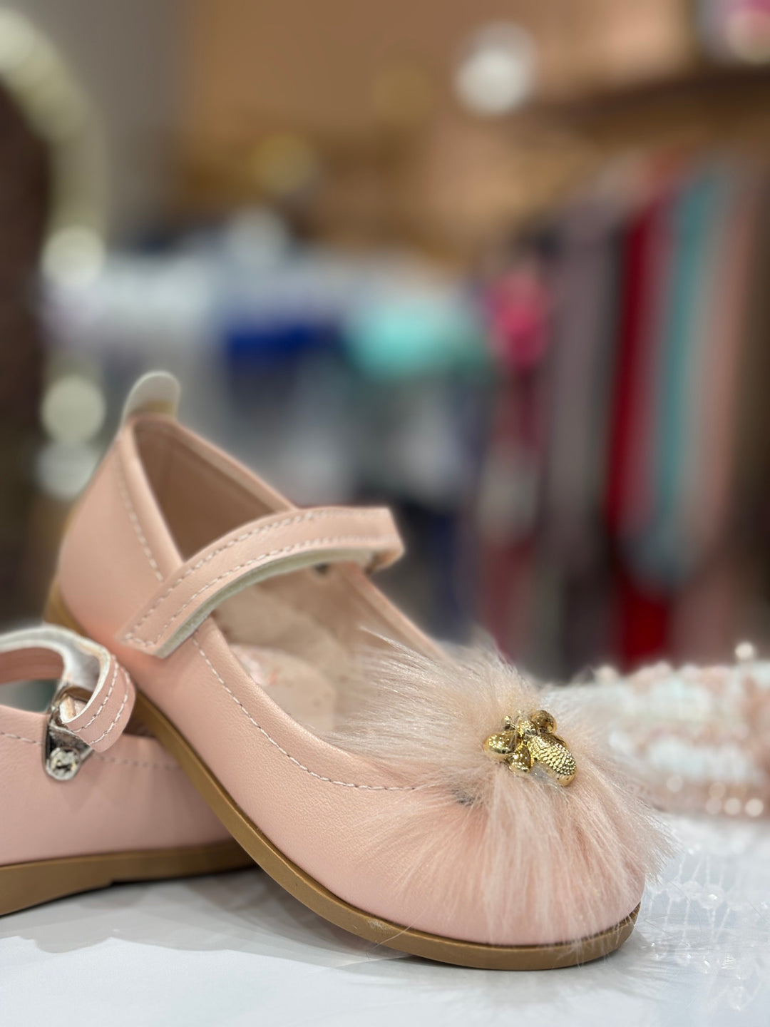Baby Girls Pink Furry Bee Party Wear Bellies Shoes with Strap