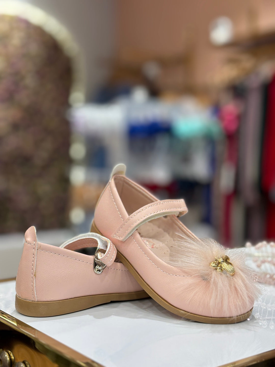 Baby Girls Pink Furry Bee Party Wear Bellies Shoes with Strap