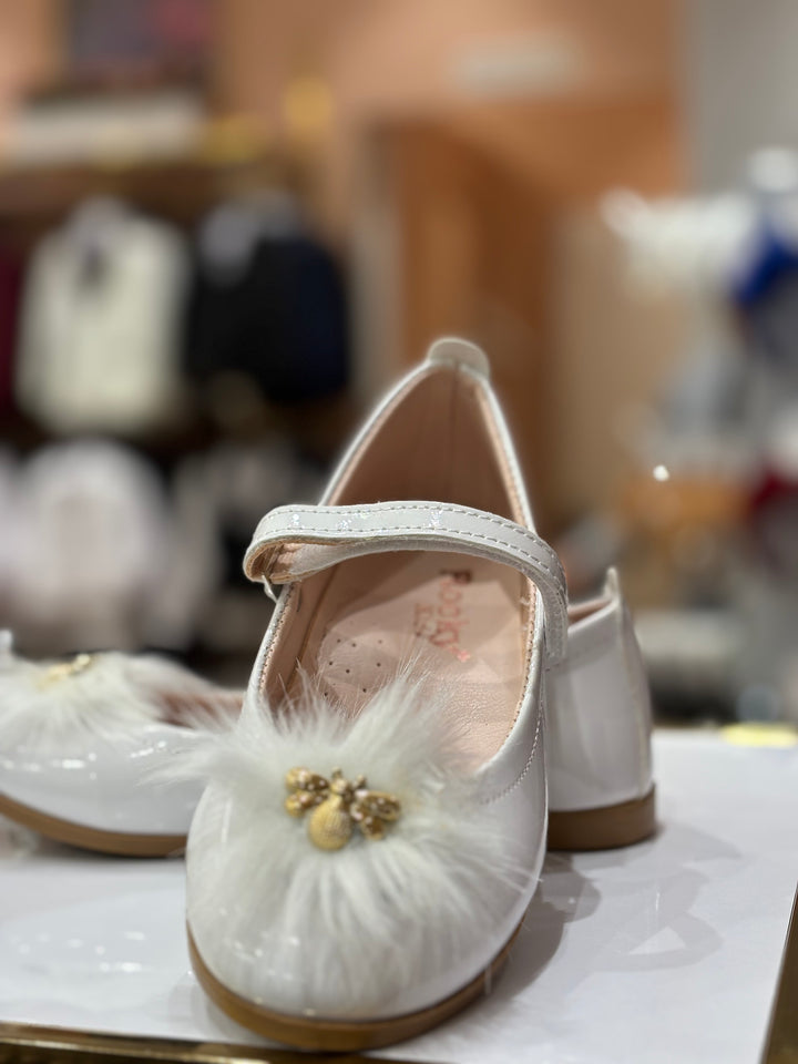 Baby Girls White Furry Bee Party Wear Bellies Shoes with Strap