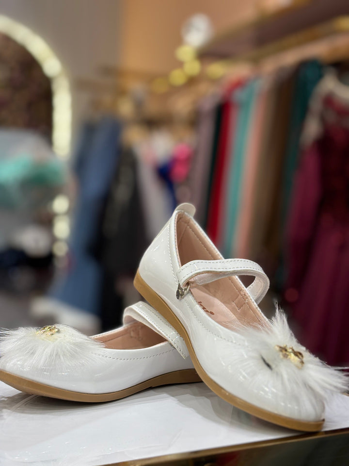 Baby Girls White Furry Bee Party Wear Bellies Shoes with Strap