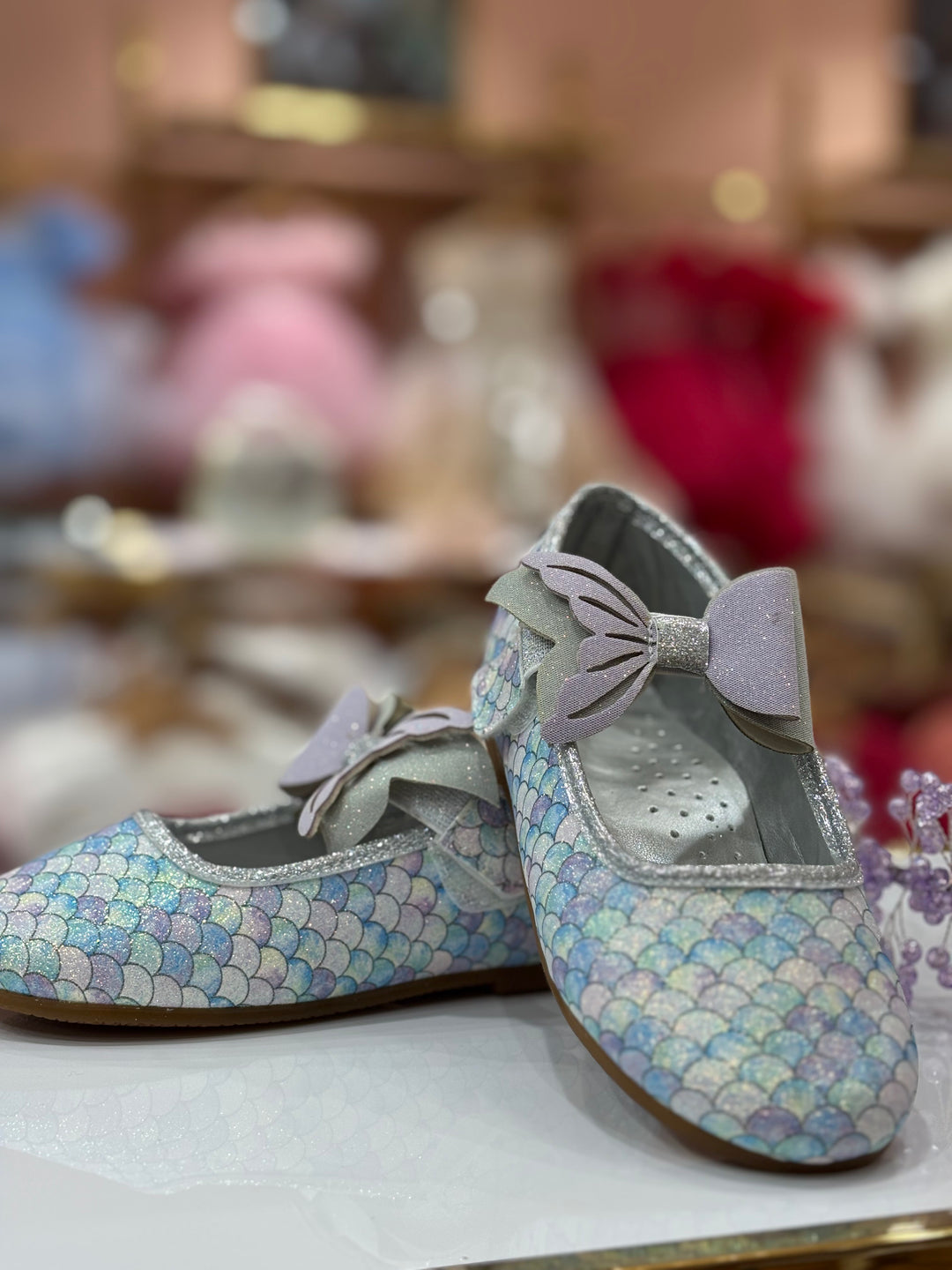 Girls Blue Mermaid Scale Glitter Party Wear Bellies Shoes with Bow