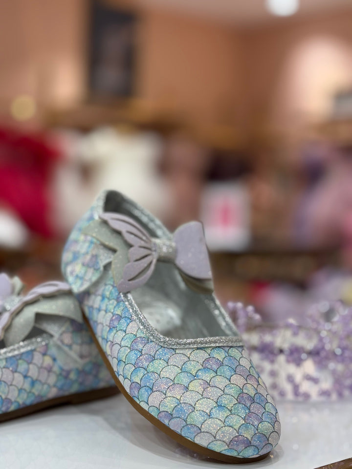 Girls Blue Mermaid Scale Glitter Party Wear Bellies Shoes with Bow