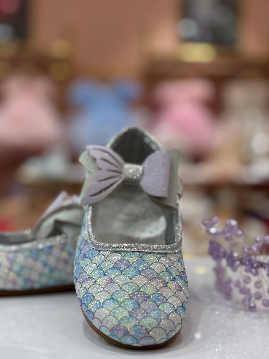 Girls Blue Mermaid Scale Glitter Party Wear Bellies Shoes with Bow