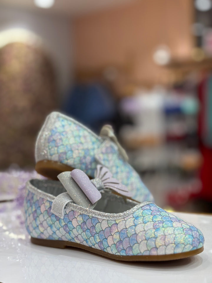 Girls Blue Mermaid Scale Glitter Party Wear Bellies Shoes with Bow