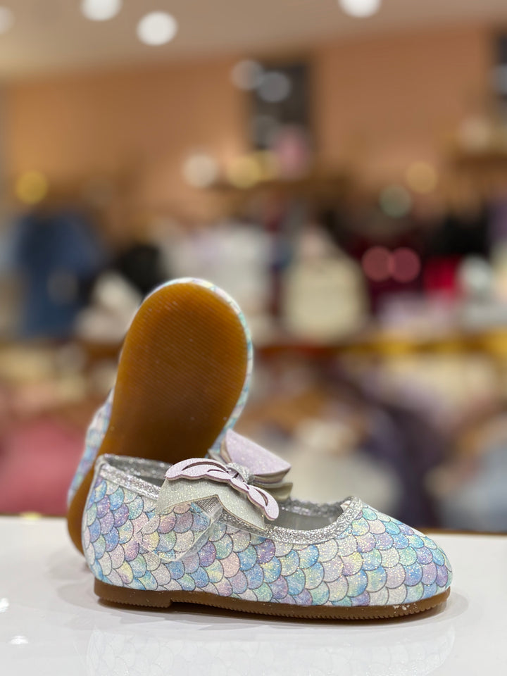 Girls Blue Mermaid Scale Glitter Party Wear Bellies Shoes with Bow