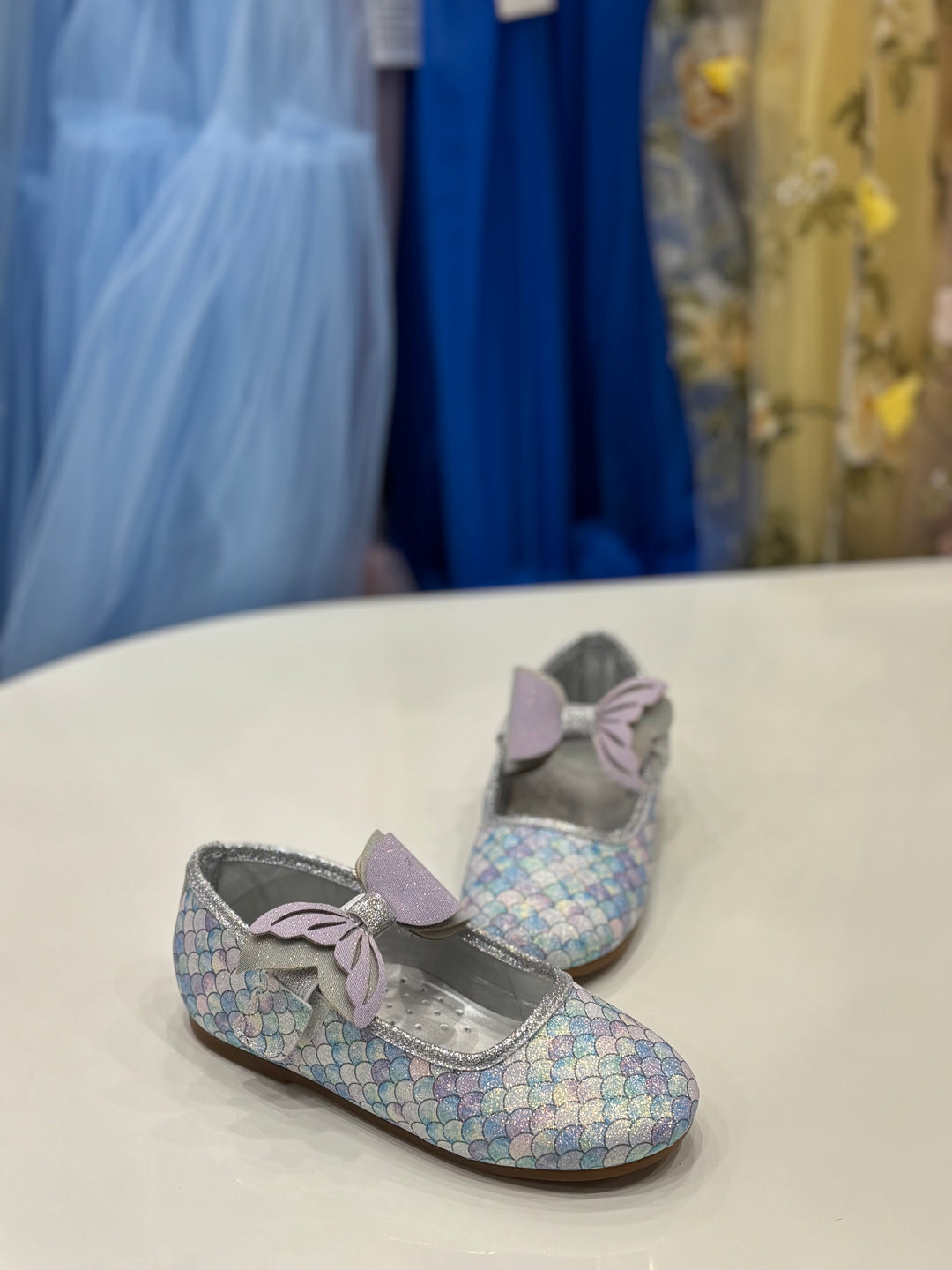 Girls Blue Mermaid Scale Glitter Party Wear Bellies Shoes with Bow