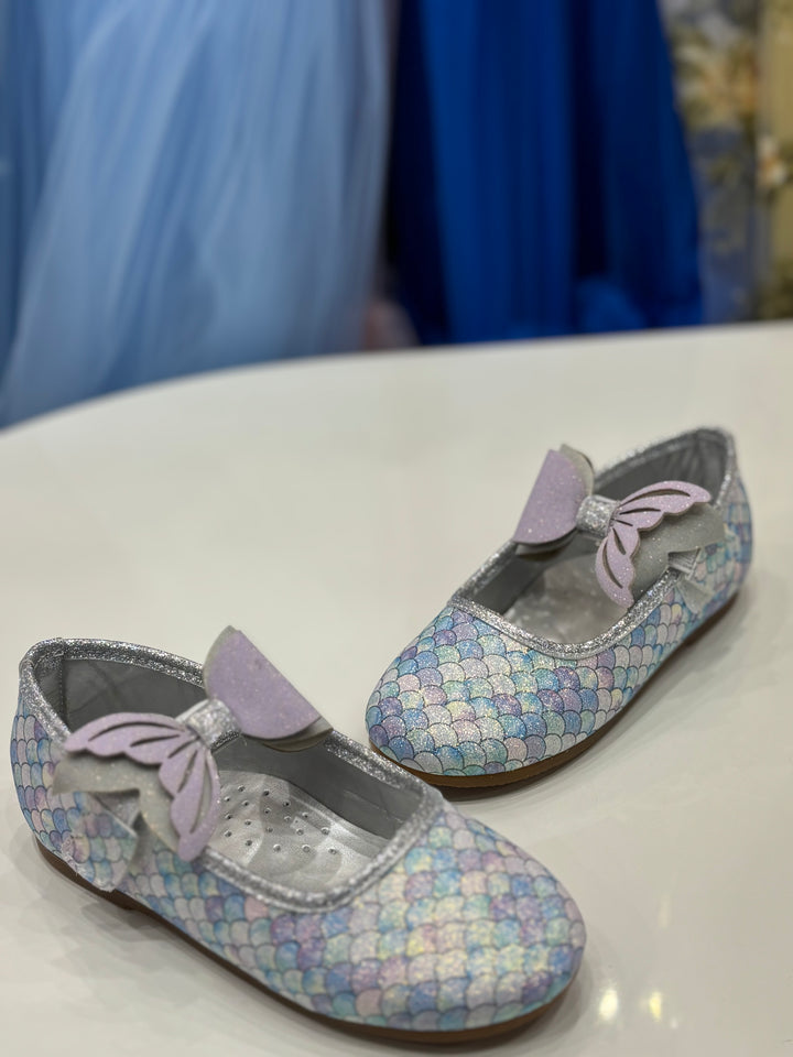 Girls Blue Mermaid Scale Glitter Party Wear Bellies Shoes with Bow