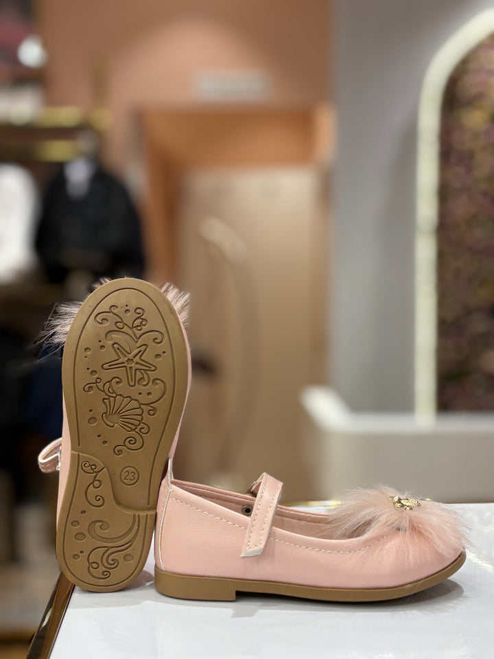 Baby Girls Pink Furry Bee Party Wear Bellies Shoes with Strap