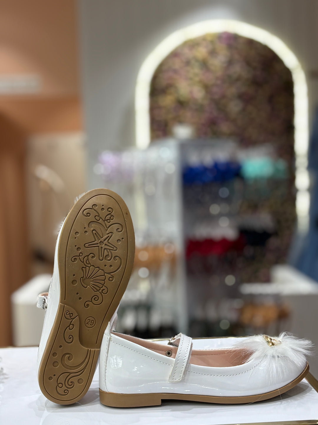 Baby Girls White Furry Bee Party Wear Bellies Shoes with Strap