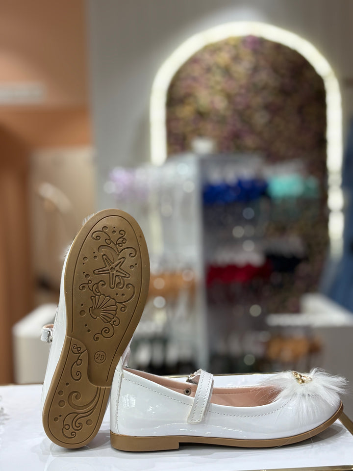 Baby Girls White Furry Bee Party Wear Bellies Shoes with Strap