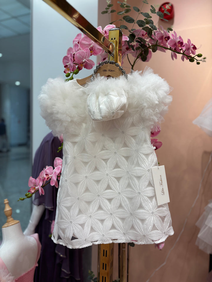 Valentina Girls White Textured Party Dress with Fluffy Sleeves