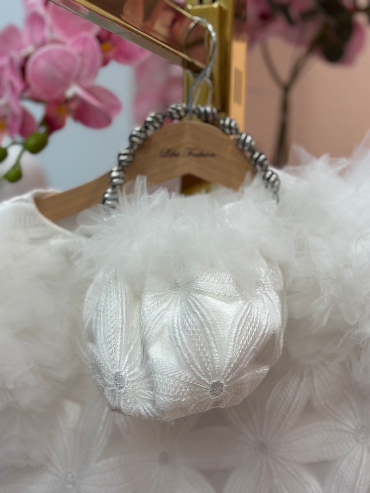 Valentina Girls White Textured Party Dress with Fluffy Sleeves