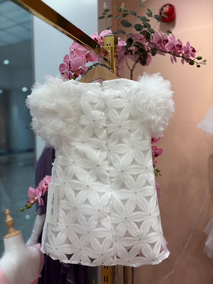 Valentina Girls White Textured Party Dress with Fluffy Sleeves