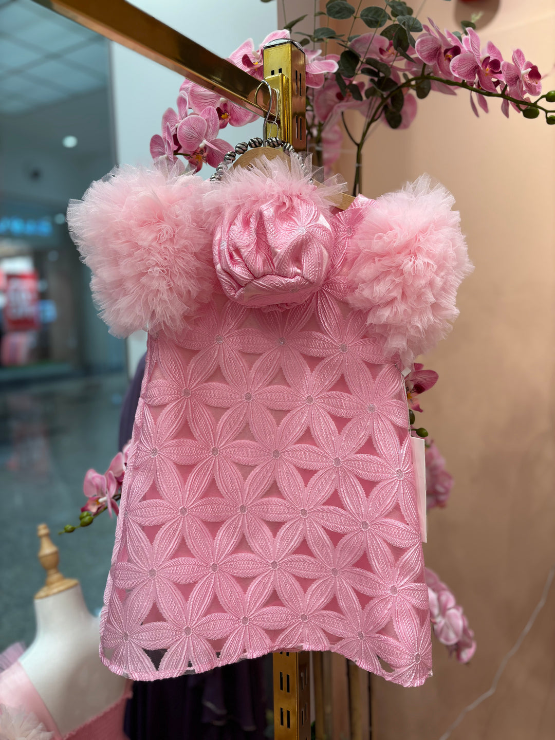 Valentina Girls Pink Textured Party Dress with Fluffy Sleeves