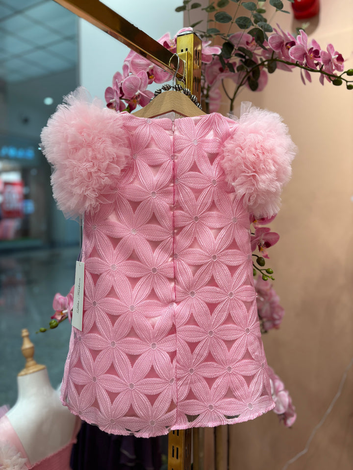 Valentina Girls Pink Textured Party Dress with Fluffy Sleeves