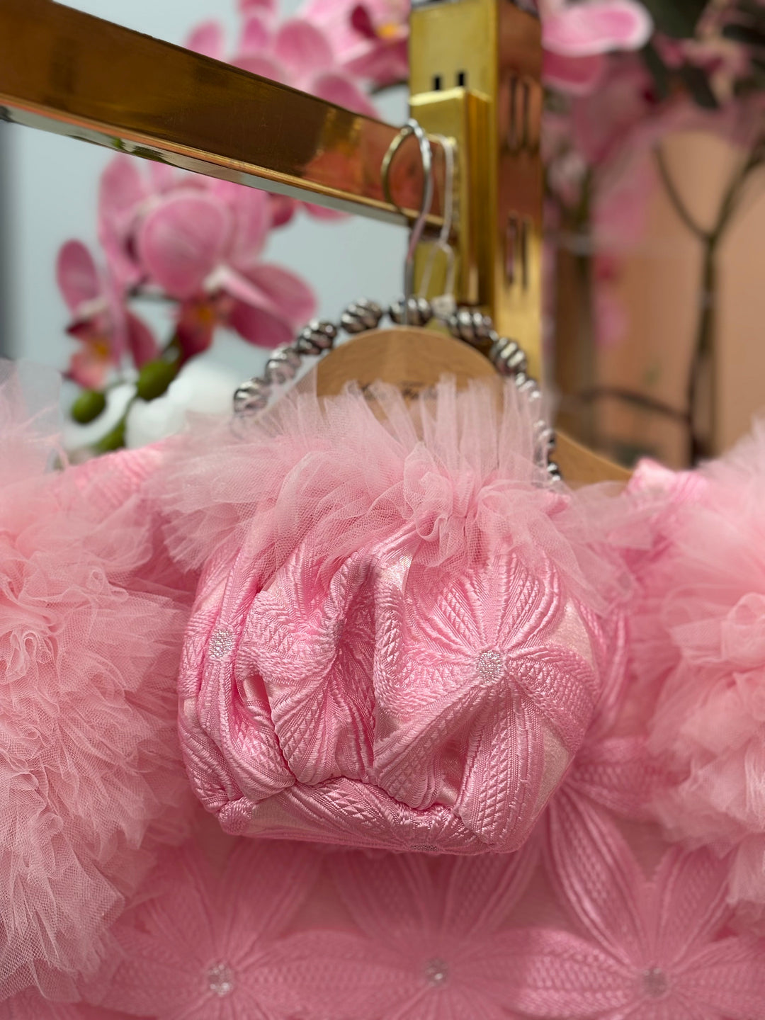 Valentina Girls Pink Textured Party Dress with Fluffy Sleeves