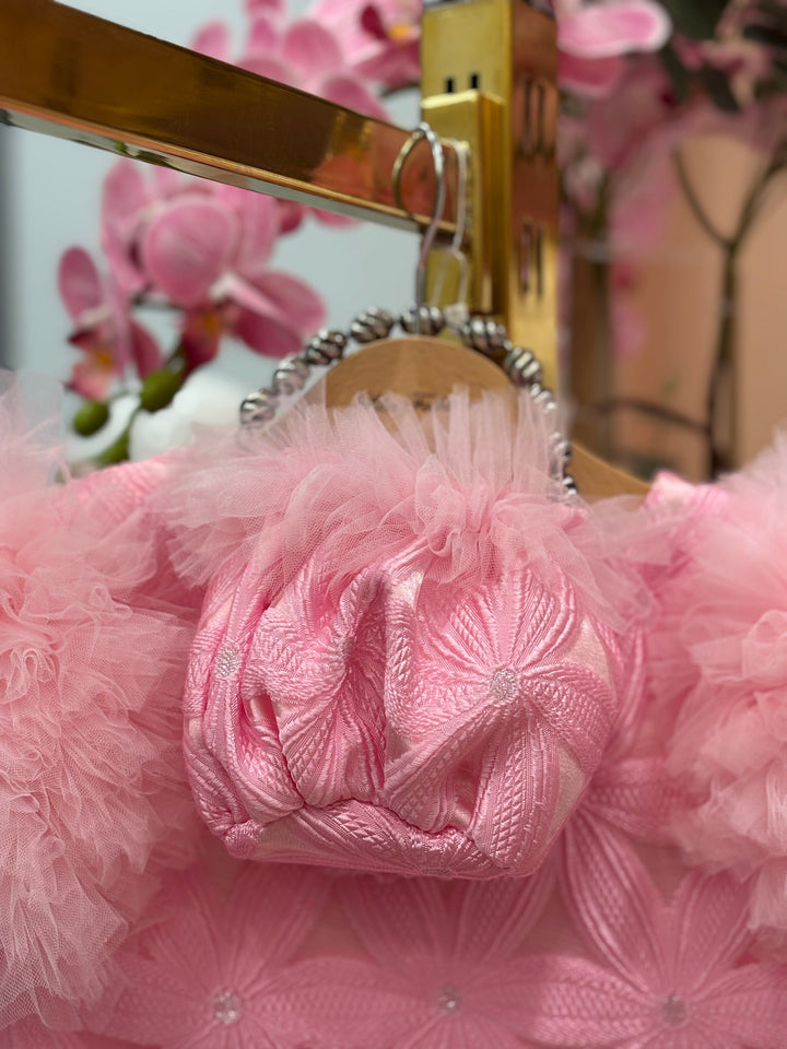 Valentina Girls Pink Textured Party Dress with Fluffy Sleeves