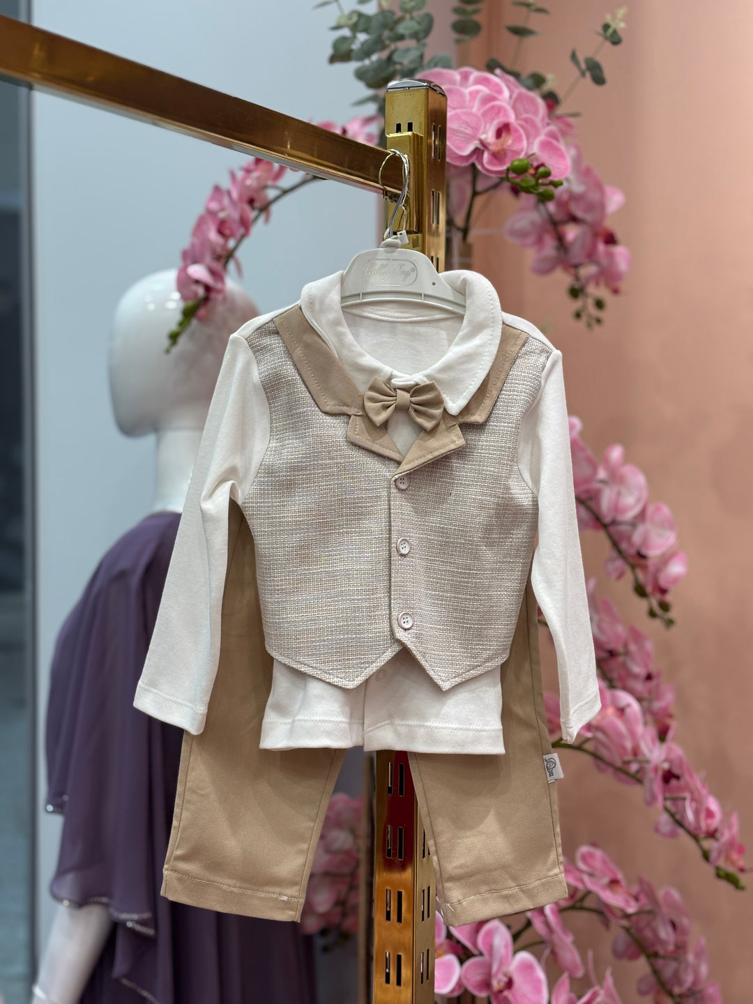 Baby Boys White Shirt with Light Vest, Beige Pants & Bow Tie