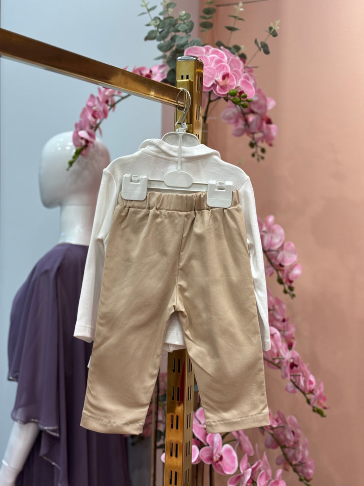 Baby Boys White Shirt with Light Vest, Beige Pants & Bow Tie