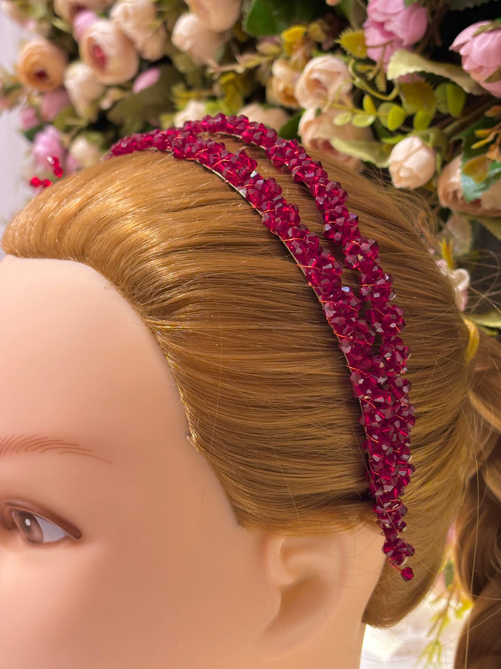 Luxury Double Row with Flower Red Crystal Headband