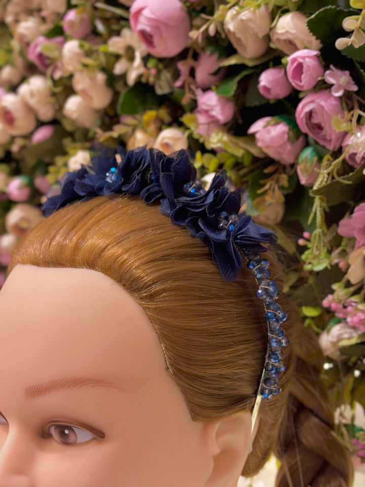Luxury Handmade Dark Blue Pearl & Flower Hairband