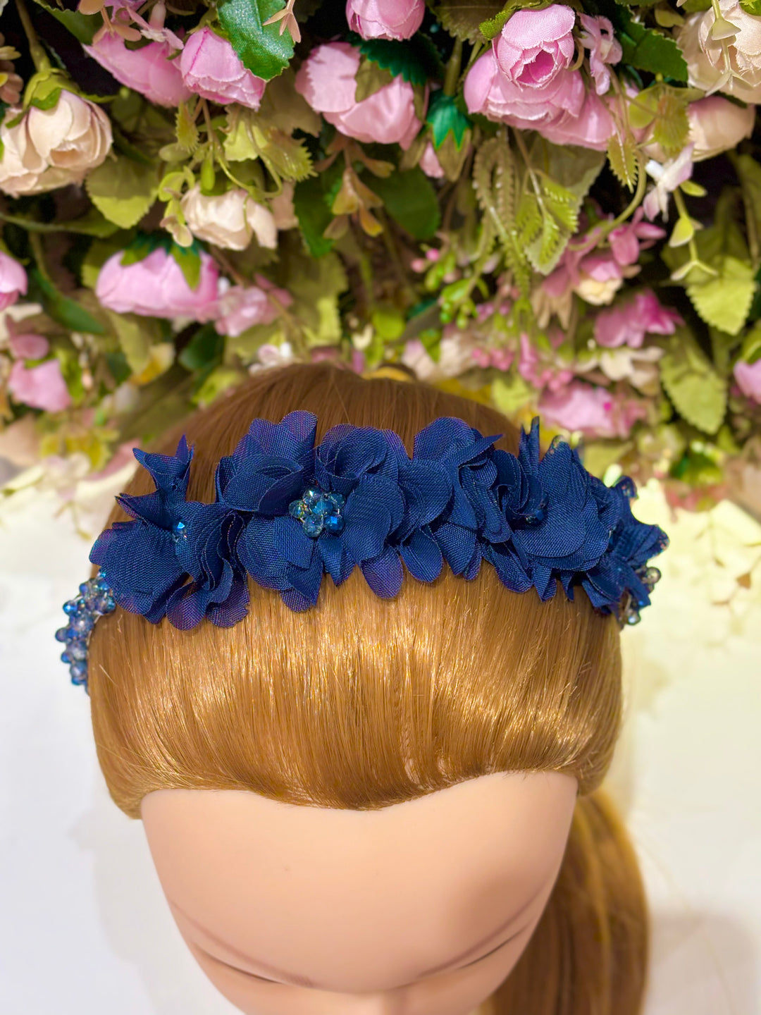 Luxury Handmade Dark Blue Pearl & Flower Hairband