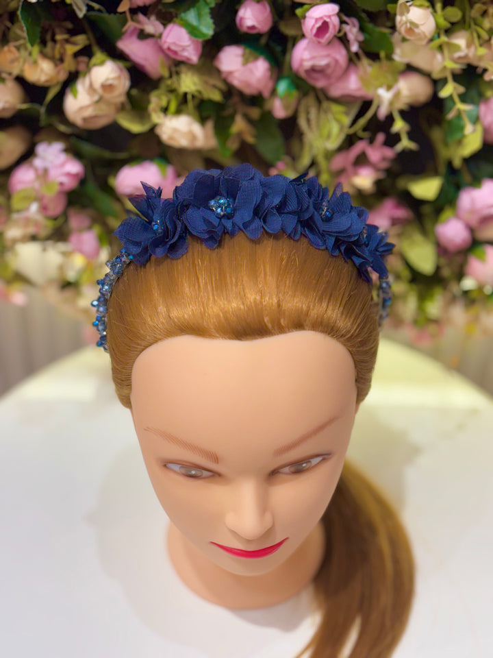 Luxury Handmade Dark Blue Pearl & Flower Hairband