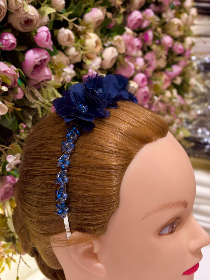 Luxury Handmade Dark Blue Pearl & Flower Hairband