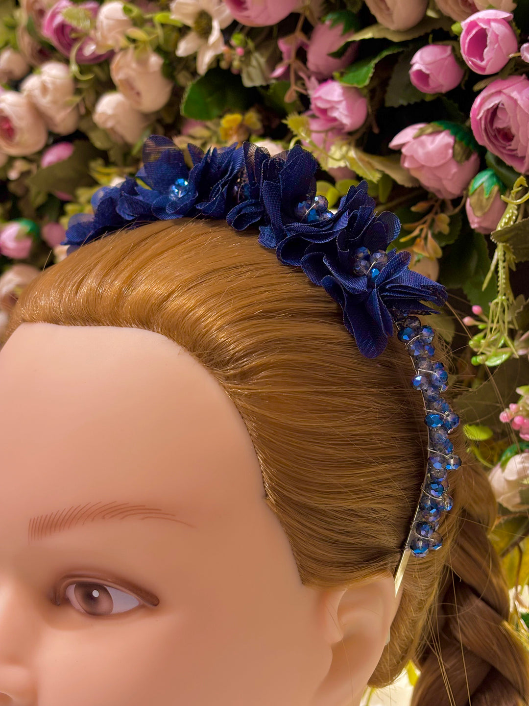 Luxury Handmade Dark Blue Pearl & Flower Hairband