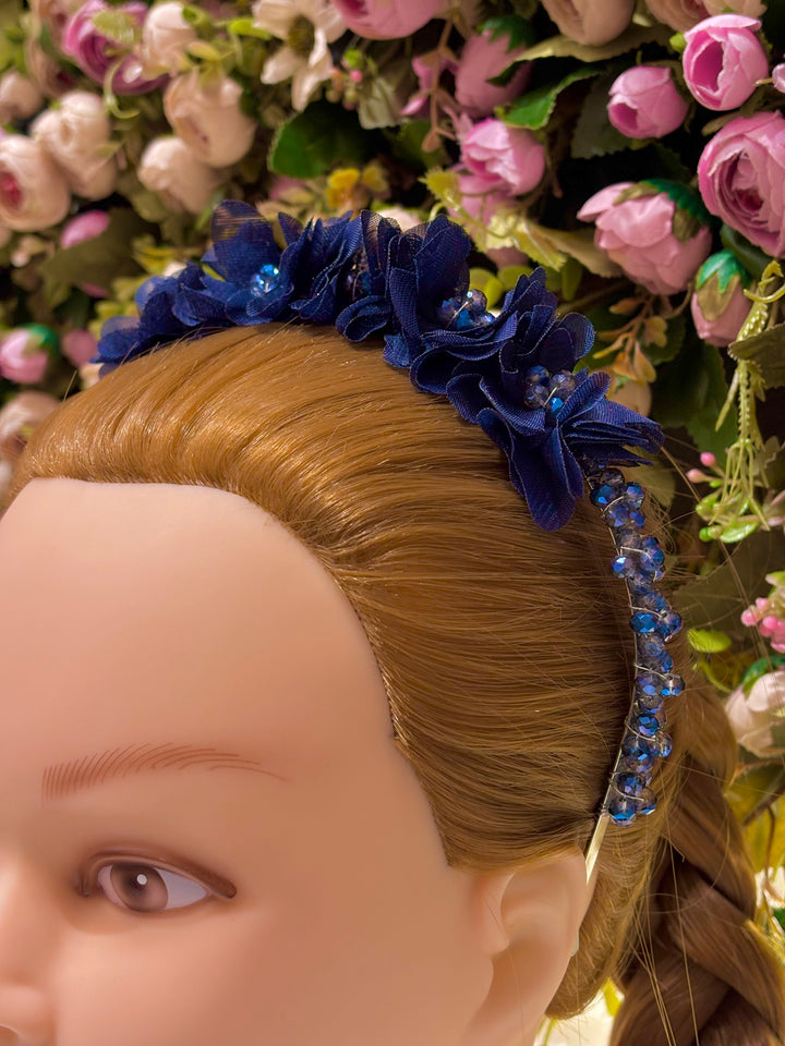 Luxury Handmade Dark Blue Pearl & Flower Hairband