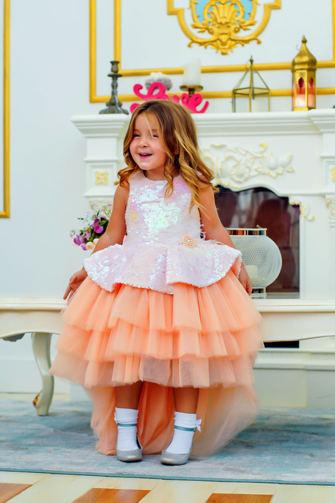 Peach sequence Birthday Dress