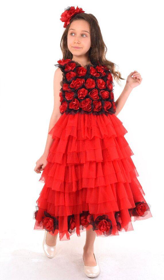 Red Flower Full Length Party Dress