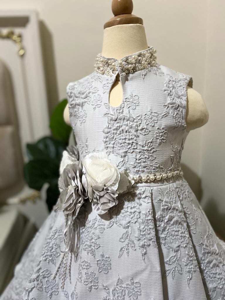 Grey Luxury Brocade Pearl Party Dress for Girls