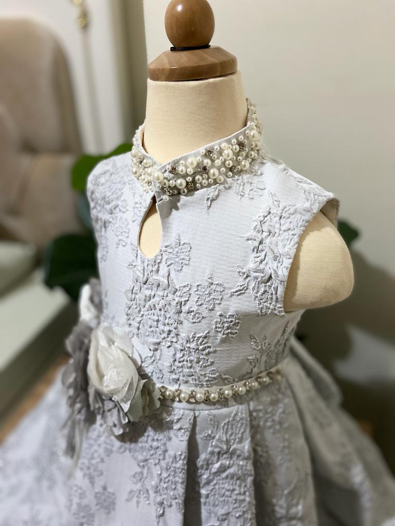 Grey Luxury Brocade Pearl Party Dress for Girls