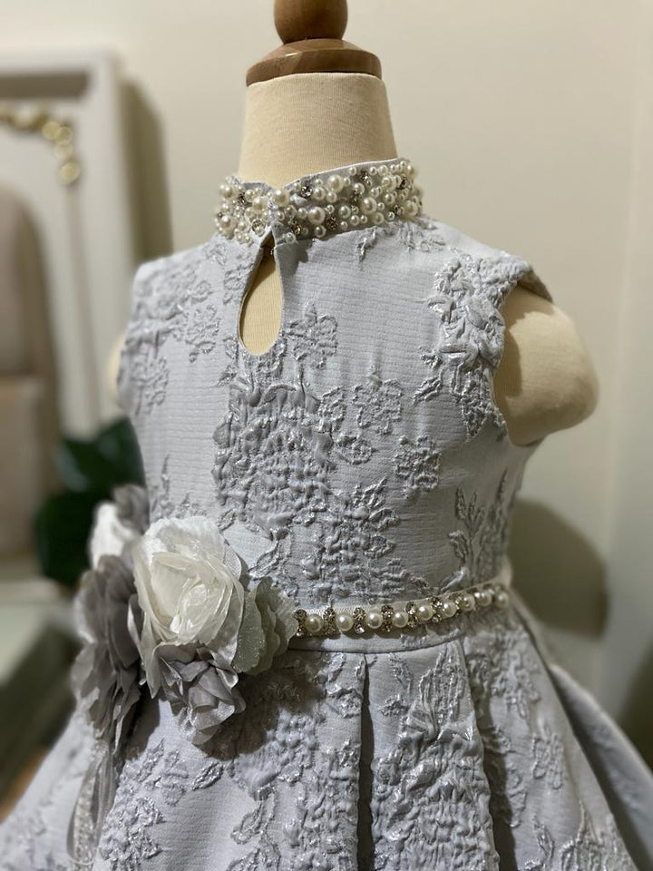 Grey Luxury Brocade Pearl Party Dress for Girls