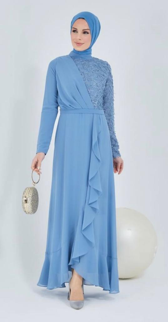 Blue Lace High Neck Dress For Women