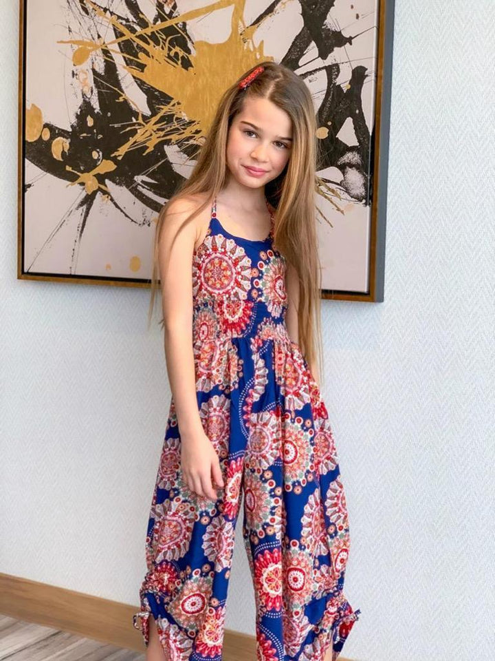 Blue Floral Jump Suit For Girls