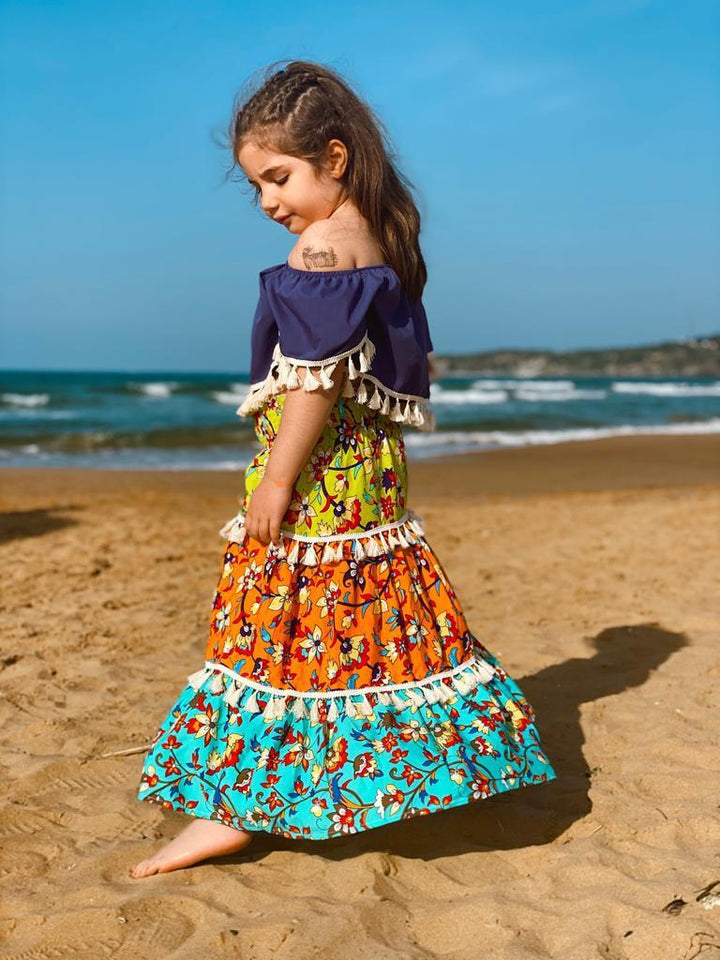 Blue Cotton Off Shoulder T -shirt With Floral Print Skirt Combo For Girls