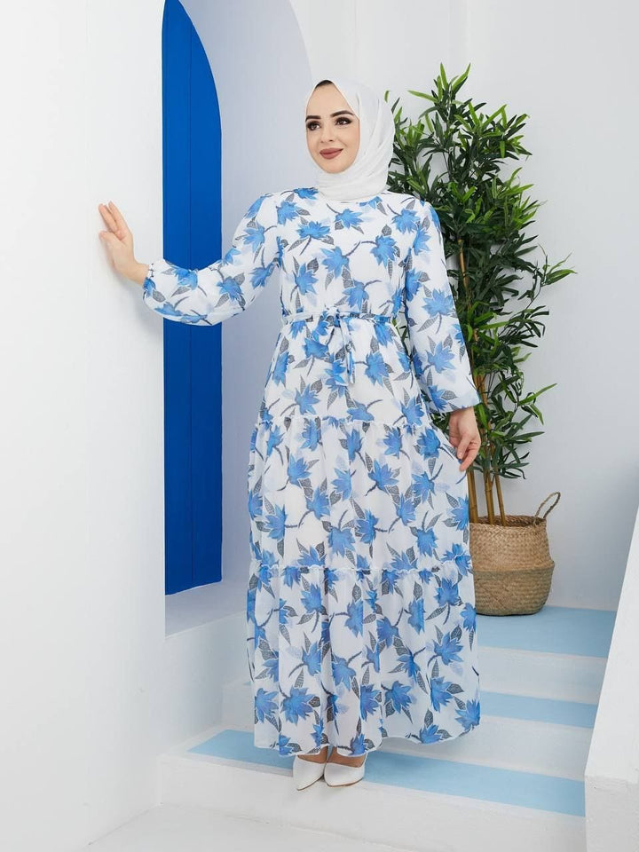 Sky Blue Floral Shiffon Party Dress