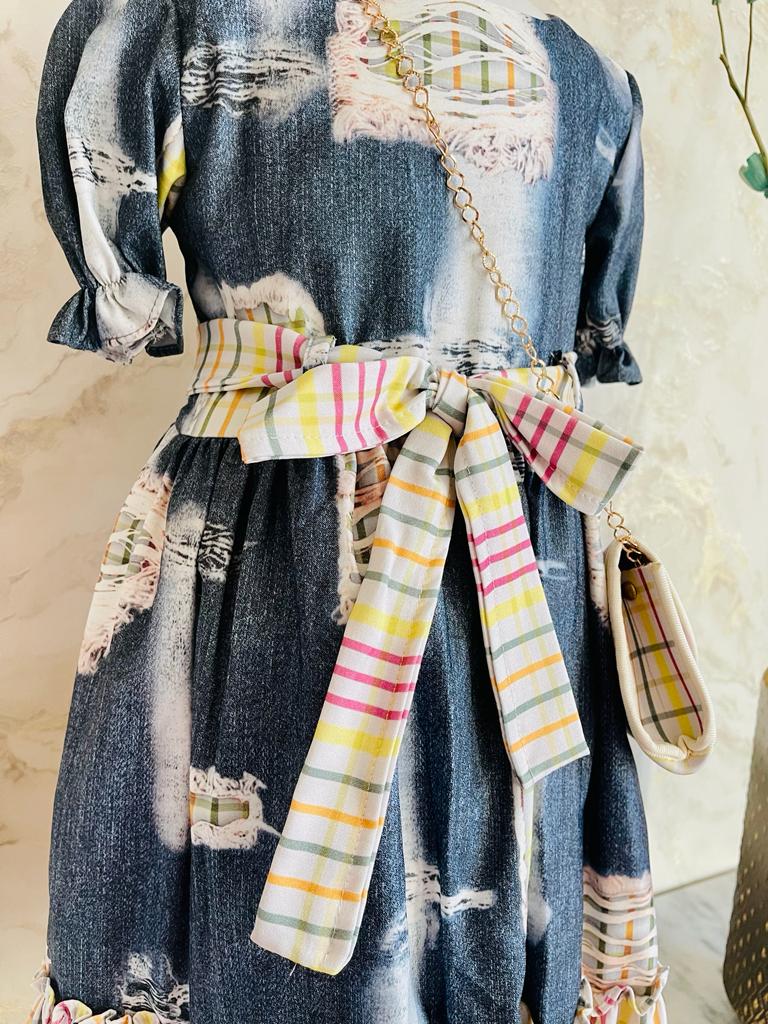 Blue and White Puff Sleeves Dress With Bag For Girls